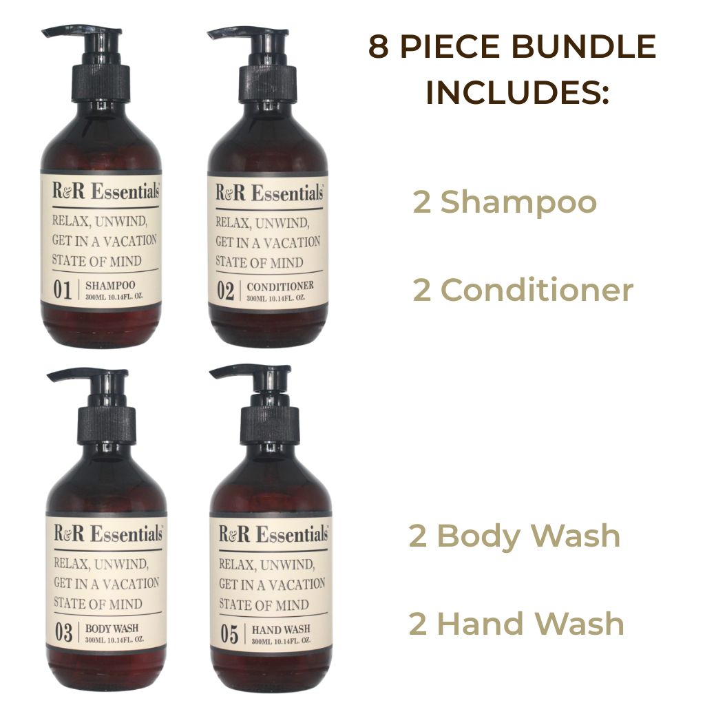 8 Piece refillable toiletries bundle R&R Essentials