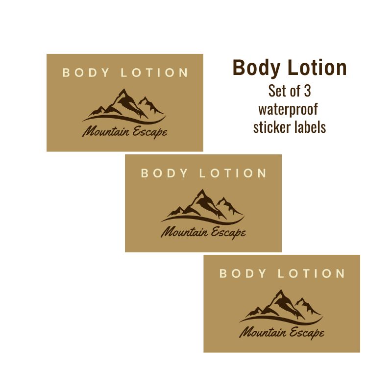 Set of three &#39;Body Lotion Mountain Escape&#39; labels on a beige background