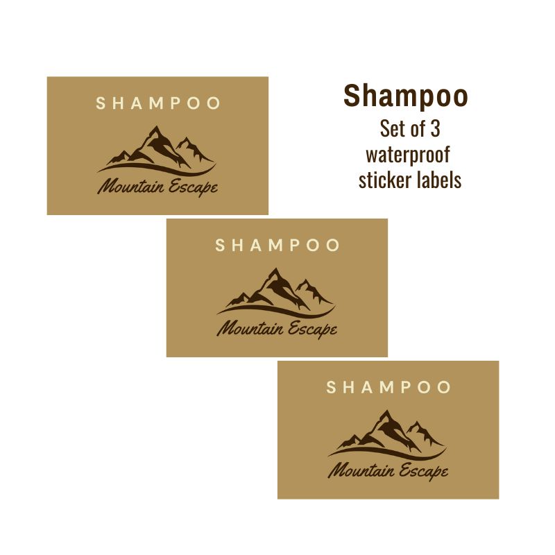 Set of three &#39;Shampoo Mountain Escape&#39; waterproof sticker labels on a beige background.