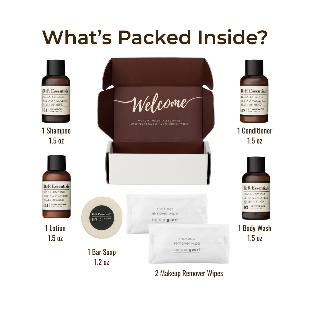 Bath and body product set with labeled items and a 'Welcome' box on a white background.