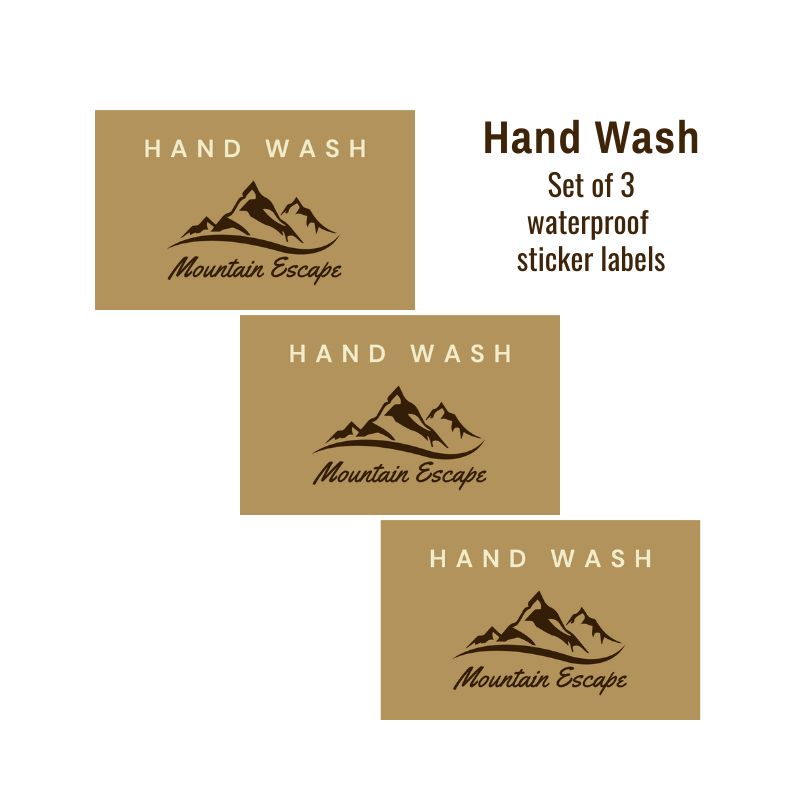 Set of three &#39;Hand Wash Mountain Escape&#39; waterproof sticker labels on a white background