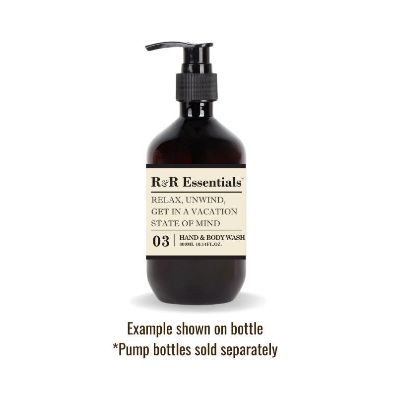 Hand and body wash bottle with pump labeled &#39;R&amp;R Essentials&#39; on a white background