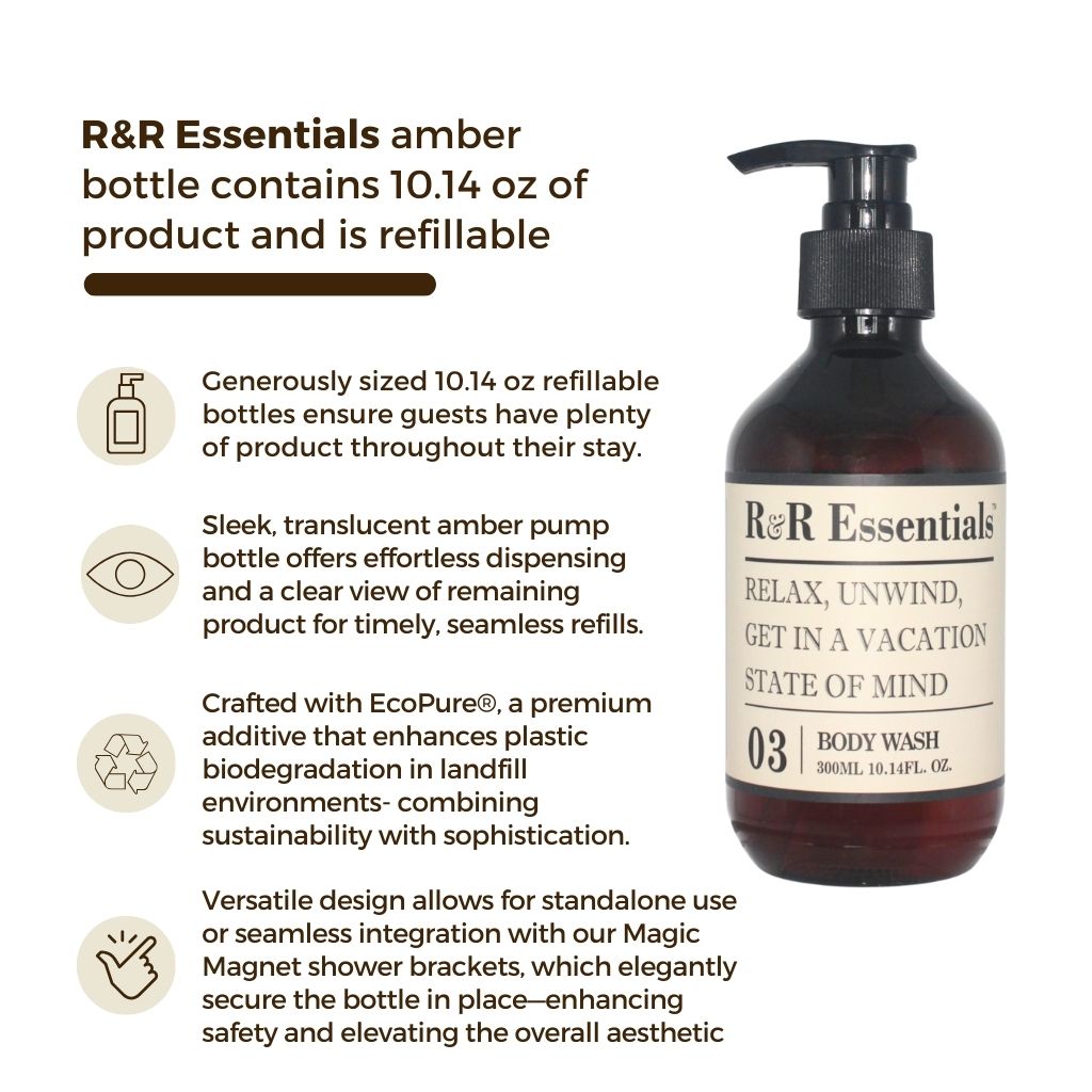 R&R essentials shower gel in refillable pump bottle