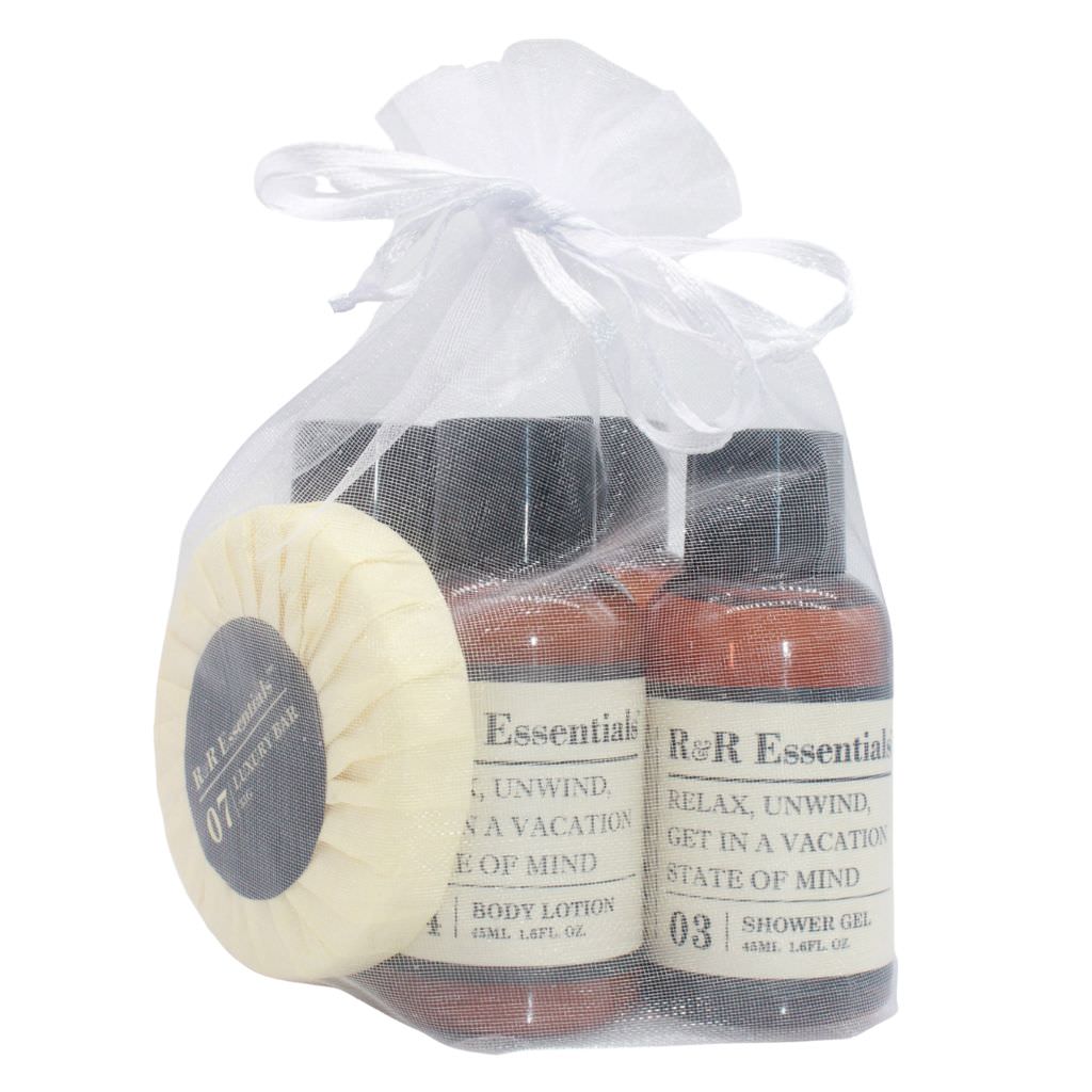 Hotel toiletries sets in presentation bags