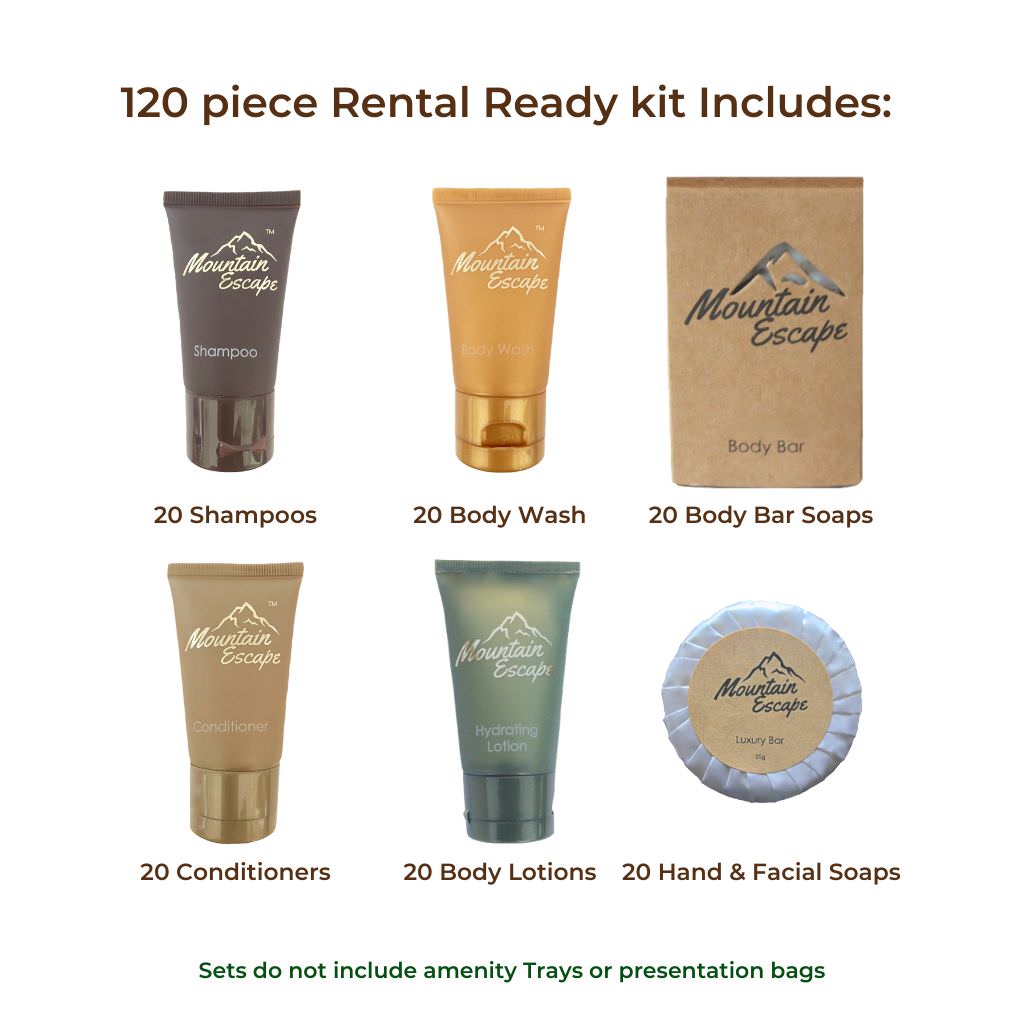 hotel soap and shampoo toiletries kit for vacation rentals by mountain escape