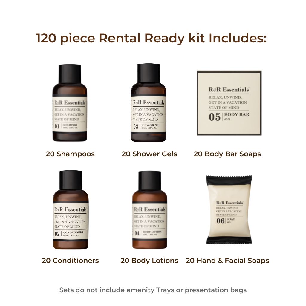 luxury hotel toiletries kit with soap and shampoo by R and R Essentials